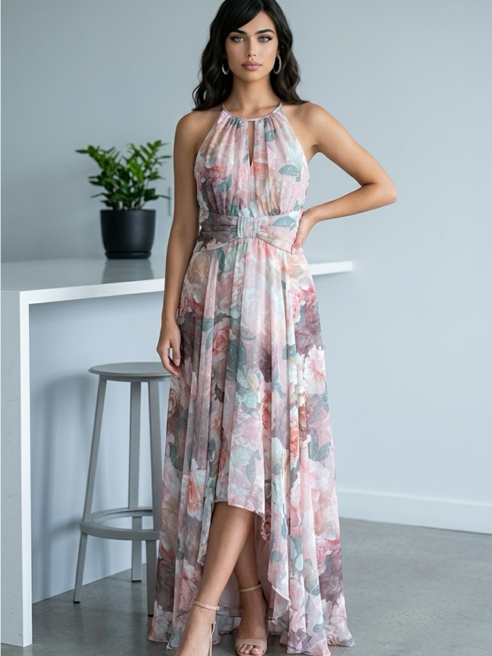 R&M Richards Blush Multi Floral Halter High-Low Maxi Dress